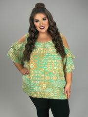 31 OS {So Charming} Mint/Orange Print Open Shoulder Top PLUS SIZE 1X 2X 3X