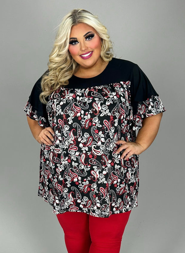 35 CP {Thrill Of Victory} Black/Red Paisley Print Top EXTENDED PLUS SIZE 3X 4X 5X