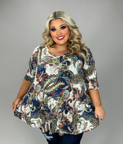 51 PSS {Enchanting Evenings} Blue Multi Paisley V-Neck Top EXTENDED PLUS SIZE 3X 4X 5X