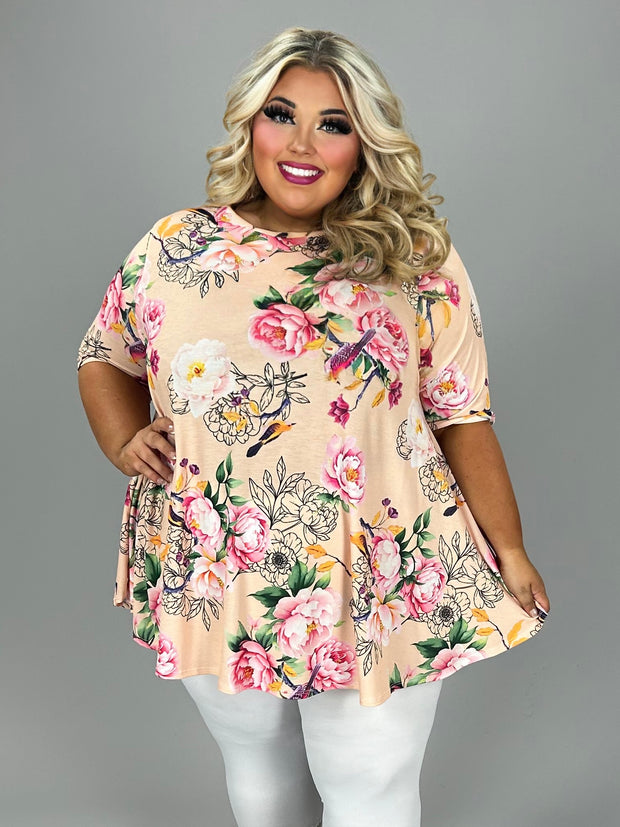 30 PSS {A Birdie Told Me} Peach/Pink Floral Bird Print Top EXTENDED PLUS SIZE 3X 4X 5X