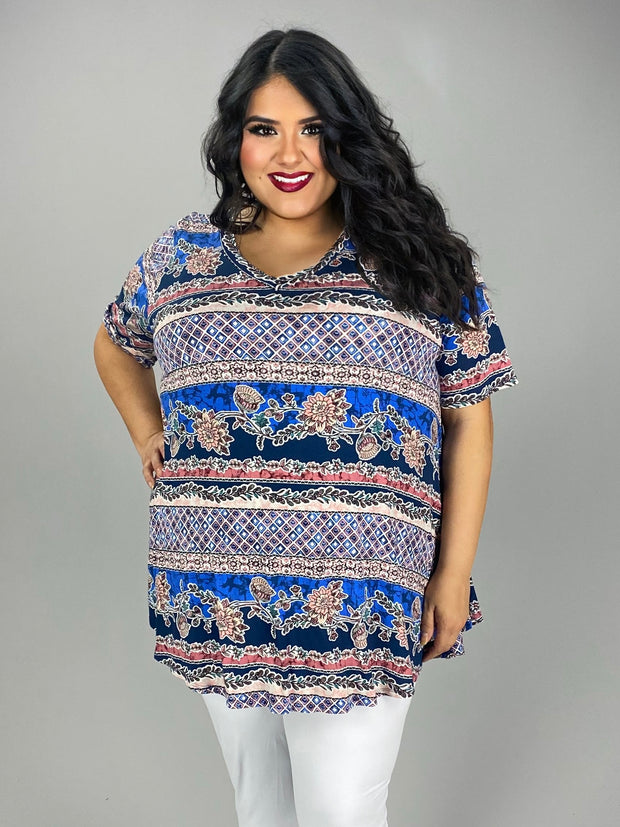 62 PSS {Best Case Scenario} Blue Floral Stripe Print Top EXTENDED PLUS SIZE 3X 4X 5X