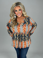 28 PLS {In Other Words} Rust/Black Paisley Floral Babydoll Top PLUS SIZE XL 2X 3X