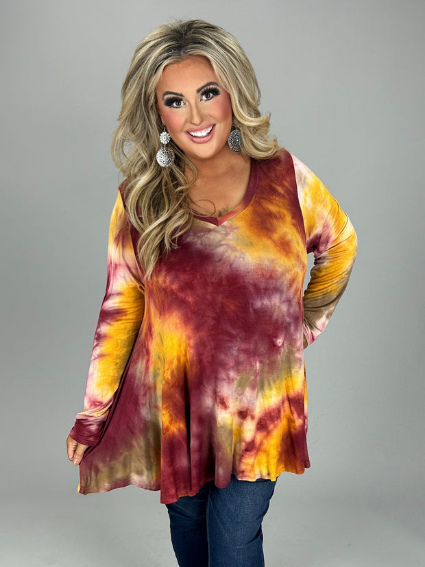 21 PLS-A {Wine & Dine} Wine Tie Dye  V-Neck Top PLUS SIZE XL 2X 3X