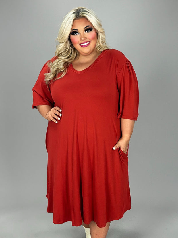 47 SSS {A Solid Choice} Rust V-Neck Dress w/Pockets EXTENDED PLUS SIZE 3X 4X 5X  (True To Size)