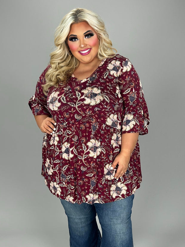 34 PQ {Power Of The Flower} Wine Floral Babydoll Tunic EXTENDED PLUS SIZE 3X 4X 5X (True to Size)