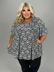 34 PSS {Feeling Fearless} Black Print Babydoll V-Neck Top EXTENDED PLUS SIZE 3X 4X 5X