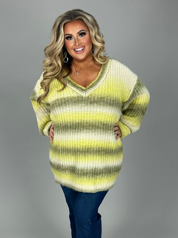 SALE! 16 PLS-M {Love Notes} Yellow Olive Striped Sweater SIZE S M L XL