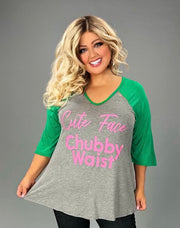 28 GT {Cute Face Chubby Waist} Grey Green Graphic Tee CURVY BRAND!!!  EXTENDED PLUS SIZE XL 2X 3X 4X 5X 6X (May Size Down 1 Size)