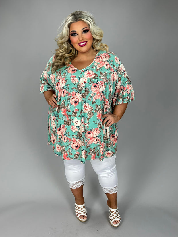 41 PSS {It's Our Time} Teal Coral Floral Ruffle Sleeve Top EXTENDED PLUS SIZE 4X 5X 6X