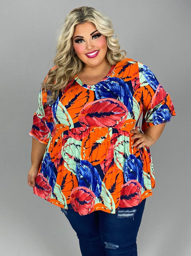 SALE!! 14 PSS-O {Going Leafy} Red/Orange Print V-Neck Babydoll Top EXTENDED PLUS SIZE 3X 4X 5X