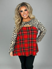 SALE!! 16 CP-F {Don't Doubt It} Red Plaid & Leopard Neck Detail Top  PLUS SIZE XL 2X 3X  4X 5X 6X