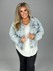 13 OT-C   {What It Takes} Umgee Lt. Denim Short Jacket W/Pearls  PLUS SIZE XL 1X 2X