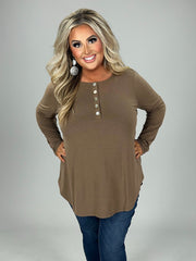 25  SLS {Take Your Turn} Mocha Long Sleeve Top w/Buttons  PLUS SIZE 1X 2X 3X