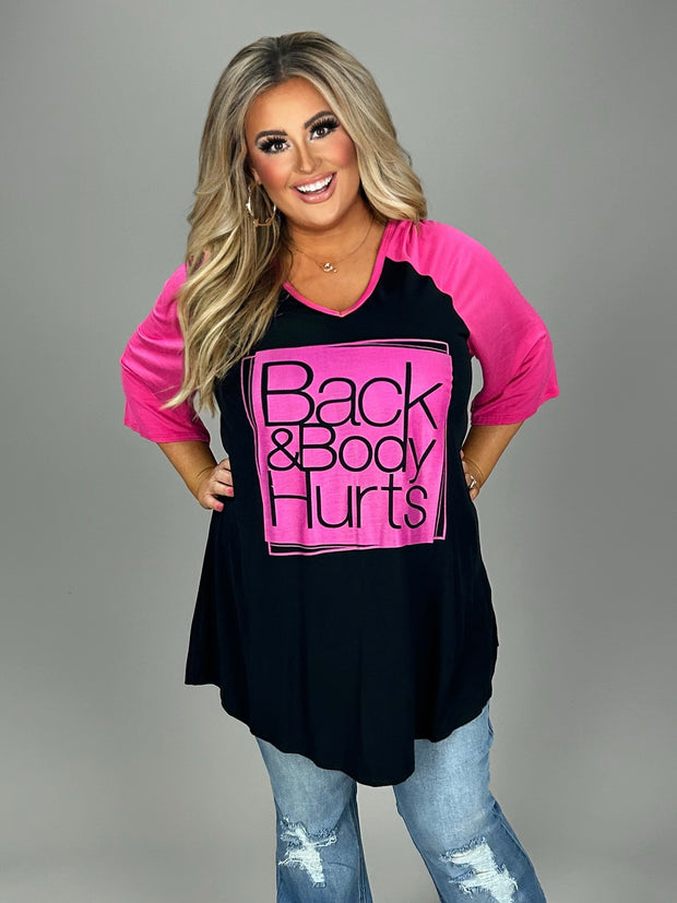 SALE!! 52 GT {Back and Body Hurts} Black/Fuchsia Graphic Tee CURVY BRAND!!!  PLUS SIZE 1X 2X 3XX  (May Size Down 1 Size)