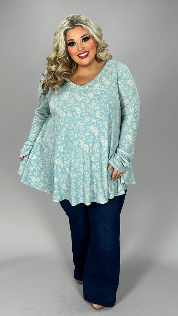 35 PLS {No Secrets} Blue Beige Paisley Waffle Knit Top EXTENDED PLUS SIZE 3X 4X 5X