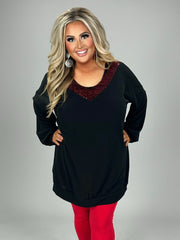 27 CP-B {Red Sparks}  Black V-Neck Top W/Red Contrast PLUS SIZE 1X 2X 3X