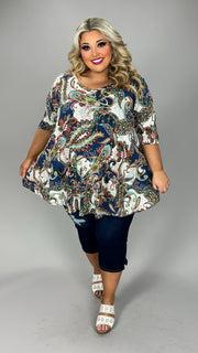 51 PSS {Enchanting Evenings} Blue Multi Paisley V-Neck Top EXTENDED PLUS SIZE 3X 4X 5X