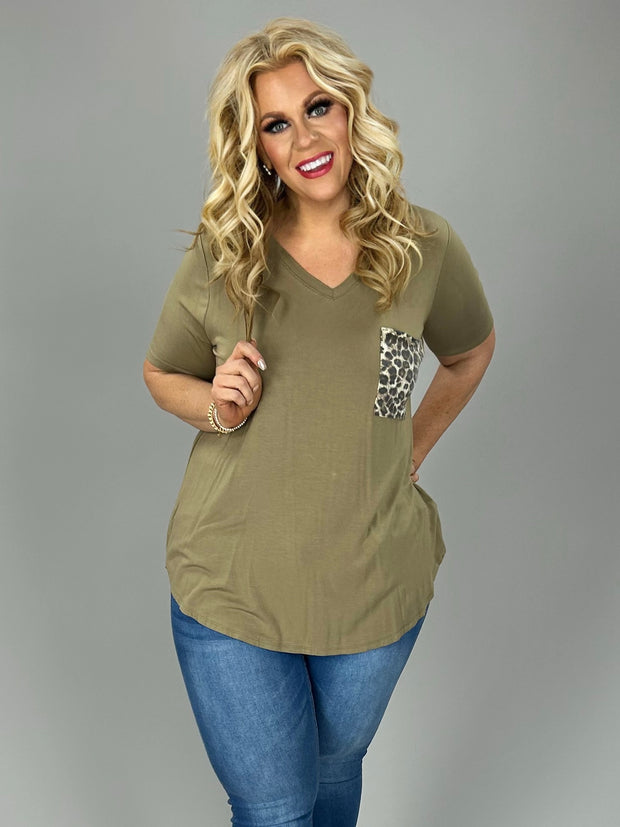 27 SD-C {Perfect Pocket} Olive/Khaki  V-Neck Leopard Pocket Top PLUS SIZE 1X 2X 3X