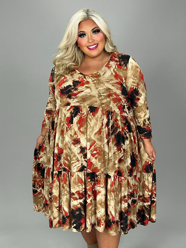 72 PQ {Set The Flourish} Mocha/Rust Print Tiered Dress EXTENDED PLUS SIZE 3X 4X 5X