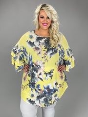 23 PSS-G {Missing You} Yellow Floral Ruffle Sleeve Tunic  PLUS SIZE 3X 4X 5X