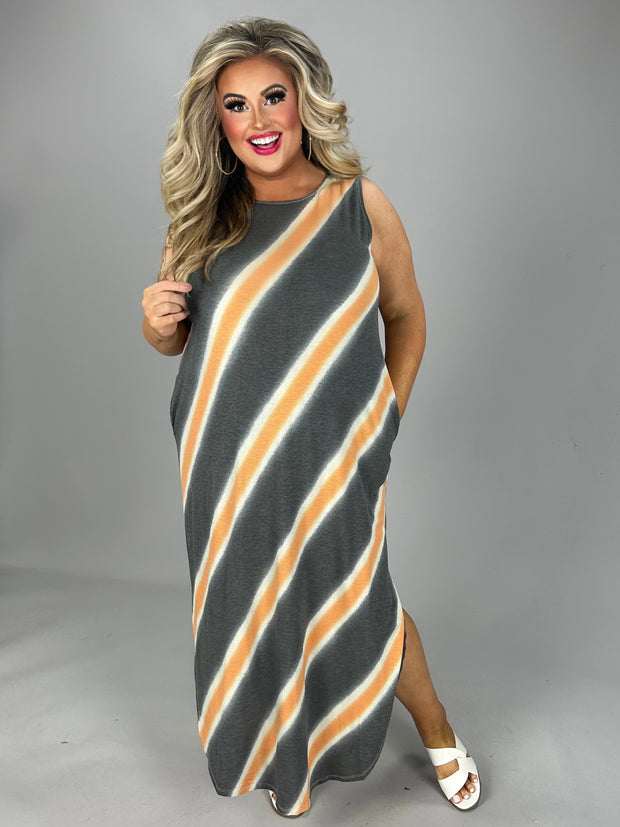 SALE!! LD-O {Big Adventure} Charcoal Stripe Print Maxi Dress PLUS SIZE 1X 2X 3X