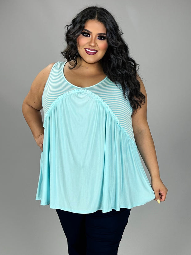 98 SV {All For Fun} Light Blue Stripe Print Sleeveless Top PLUS SIZE 1X 2X 3X