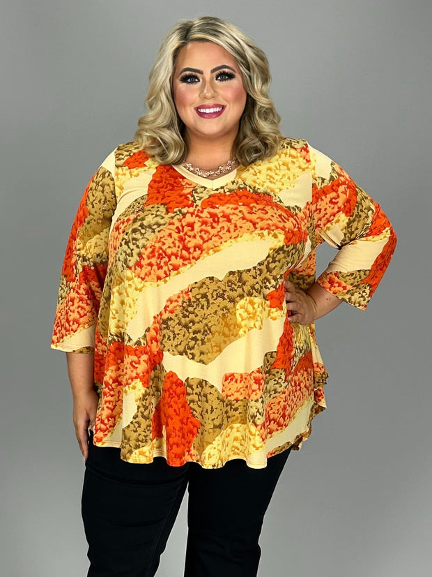 32 PQ {Plan For The Party} Orange/Taupe Print Top PLUS SIZE XL 2X 3X