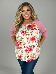 89 PQ-M {Check This Out} Ivory/Pink Floral Stripe Top PLUS SIZE 1X 2X 3X