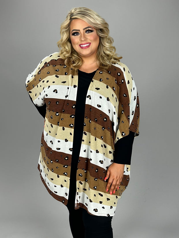 64 OT-L {Changed My Mind} Brown Striped Leopard Kimono PLUS SIZE 1X 2X 3X