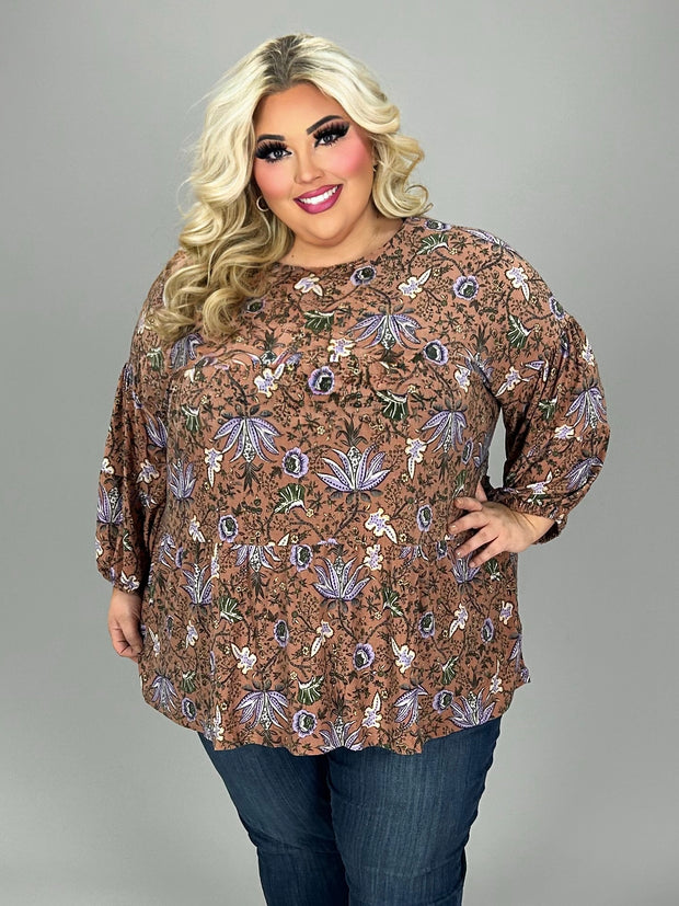 30 PLS {Autumn Harvest}  Mauve Floral Print Babydoll Top PLUS SIZE 1X 2X 3X