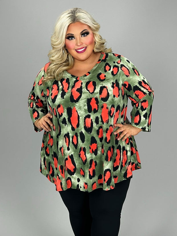 32 PQ {Can You See Me Now} Olive/Coral Leopard Top EXTENDED PLUS SIZE 3X 4X 5X