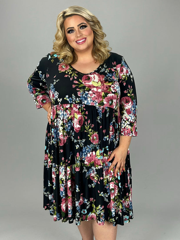 86 PQ-K {Stop To Smell The Roses} Black Floral Print Tiered Dress  PLUS SIZE 3X 4X 5X