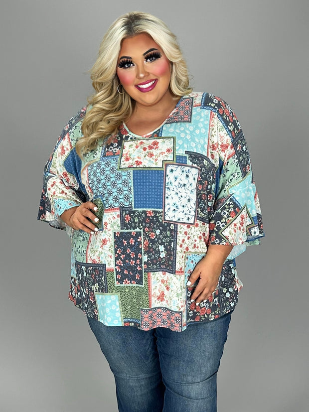 18 PLS {Touch Of Home} Blue Mixed Print Patchwork Top CURVY BRAND!!! EXTENDED PLUS SIZE 4X 5X 6X