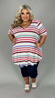 45 PSS {Take It Easy} Ivory Multi Stripe V-Neck Short Sleeve Top EXTENDED PLUS SIZE 3X 4X 5X