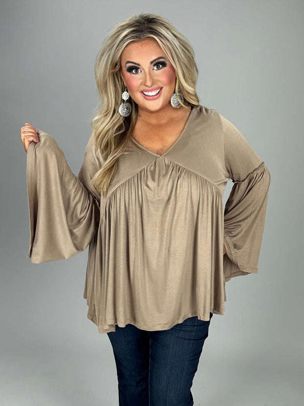 21 SLS-C  {Think About It} Mocha  V-Neck Top w/Trumpet Sleeves PLUS SIZE 1X 2X 3X