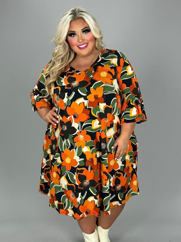 27 PQ {Sweet Stitches} Orange Floral V-Neck Dress EXTENDED PLUS SIZE 4X 5X 6X