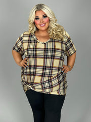 25 PSS {Ready Or Knot} Beige Plaid V-Neck Top w/Front Knot  EXTENDED PLUS SIZE 3X 4X 5X