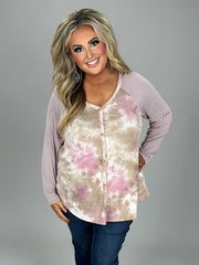 23 CP {Go For Broke} Taupe/Mauve Tie Dye Top w/Stripe Sleeves PLUS SIZE 1X 2X 3X