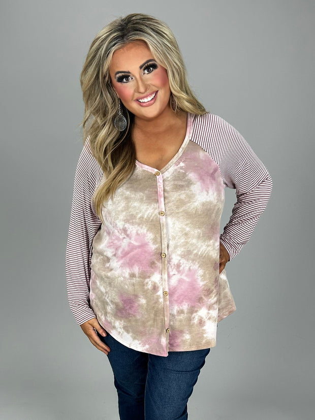 23 CP {Go For Broke} Taupe/Mauve Tie Dye Top w/Stripe Sleeves PLUS SIZE 1X 2X 3X