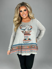 15 GT-O  {Deer Season} Tribal Printed Deer Head Top  PLUS SIZE XL 2X 3X