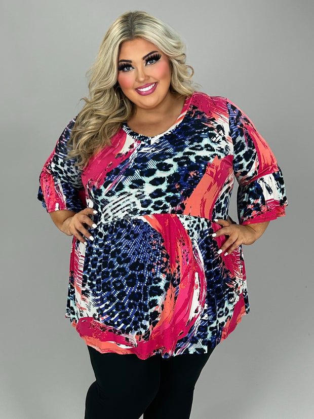 SALE!! 37 PQ-F {Perfectly Polished} Blue/Fuchsia Print Babydoll Top EXTENDED PLUS SIZE 3X 4X 5X