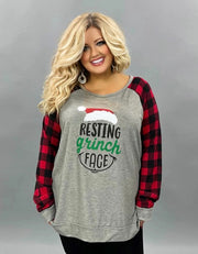 SALE! 32 GT-A {Grinch Face} Grey Red Plaid "Resting Grinch Face" Top PLUS SIZE XL 2X 3X