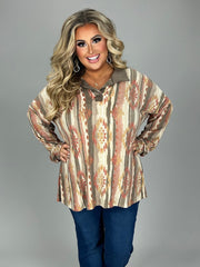 21 CP-B {Happy Trails} Rust/Brown Aztec Print Top PLUS SIZE 1X 2X 3X