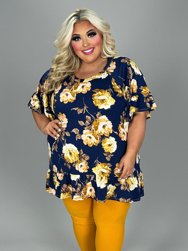 35 PSS {Easy On Me} Navy/Gold Floral Ruffle Hem Top EXTENDED PLUS SIZE 4X 5X 6X