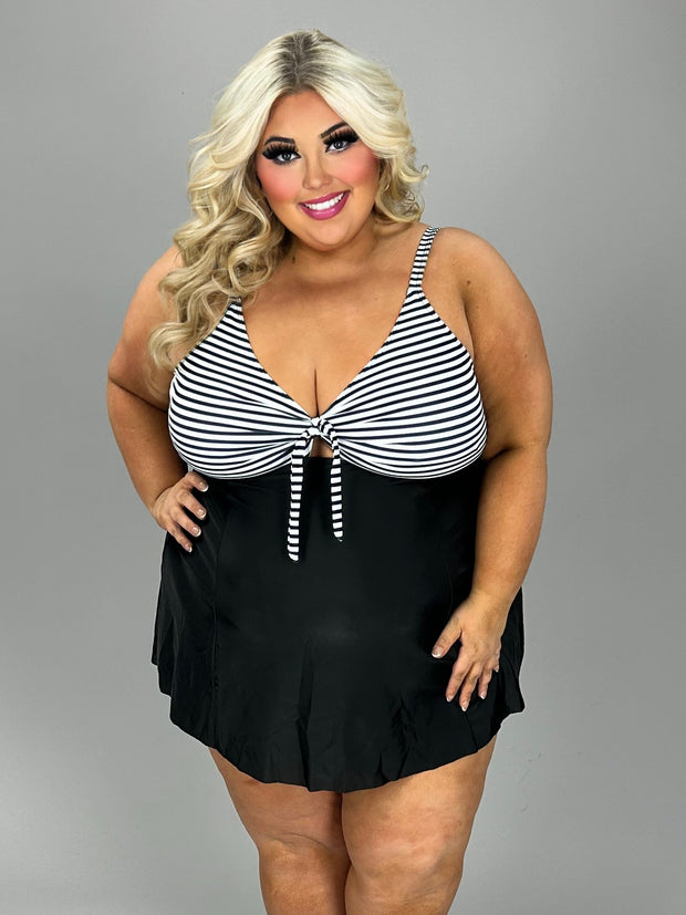 SWIM-F {Top Notch} Black/White Stripe Print 2 Pc Swimsuit CW EXTENDED PLUS SIZE 4X