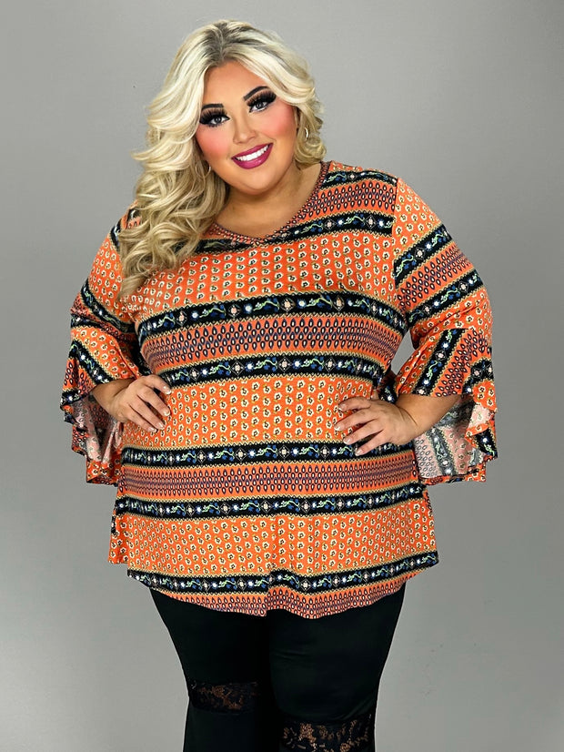 44 PQ {Be Kind Today} Orange Floral Stripe V-Neck Top EXTENDED PLUS SIZE 4X 5X 6X