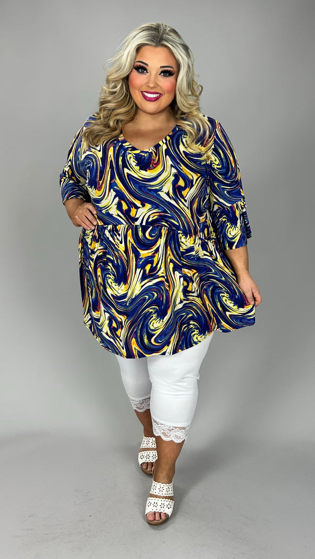 30 PSS {Borrowed Time} Blue Yellow Swirl Print V-Neck Top EXTENDED PLUS SIZE 3X 4X 5X