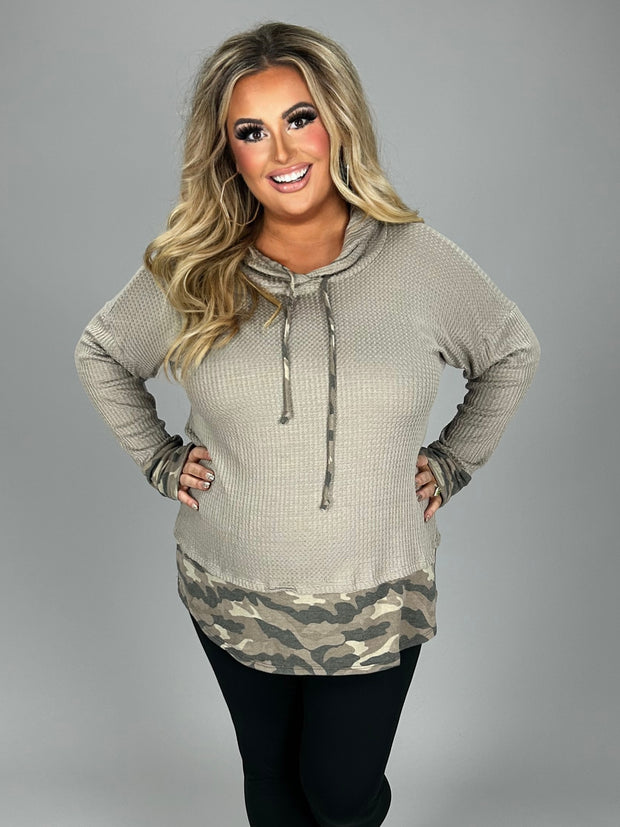 15 HD {Always Calm} Taupe Waffle Knit Hoodie w/Camo Trim PLUS SIZE XL 2X 3X