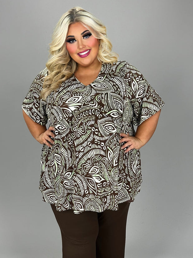 58 PSS {Becoming An Icon} Brown/Green Print V-Neck Top EXTENDED PLUS SIZE 3X 4X 5X