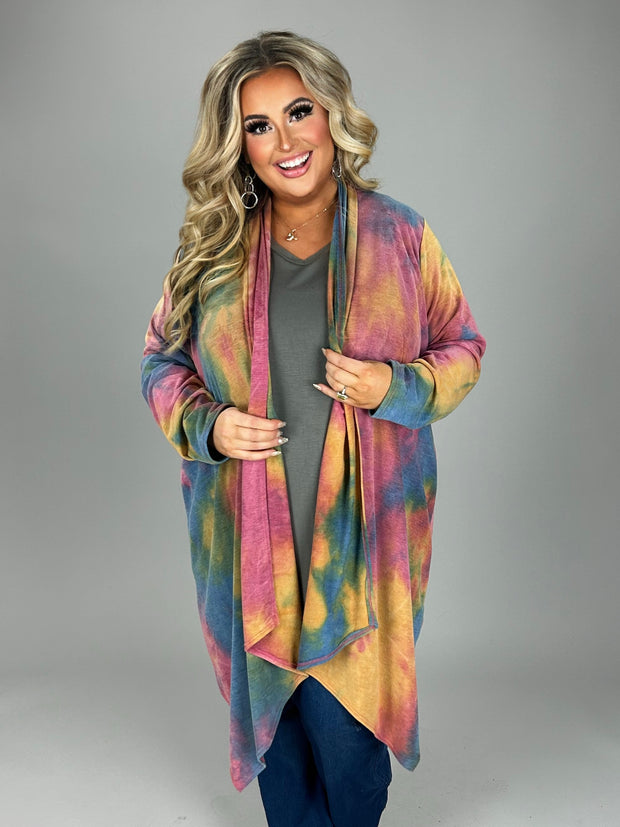 17 OT-C {Grooving On Fashion} Multi-Color Tie Dye Cardigan PLUS SIZE 1X 2X 3X